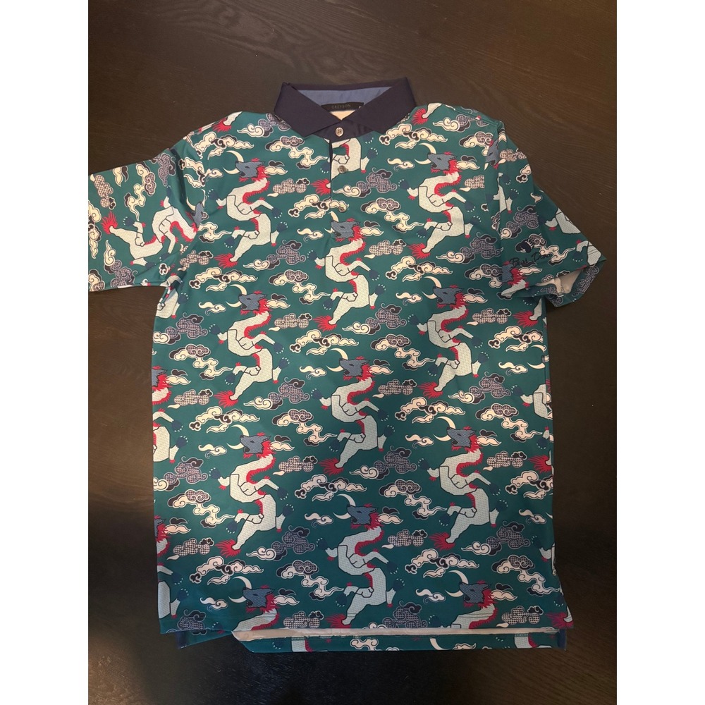 Greyson Mens Medium Golf Club at Bear Dance Dragon Print Polo Shirt Teal Navy